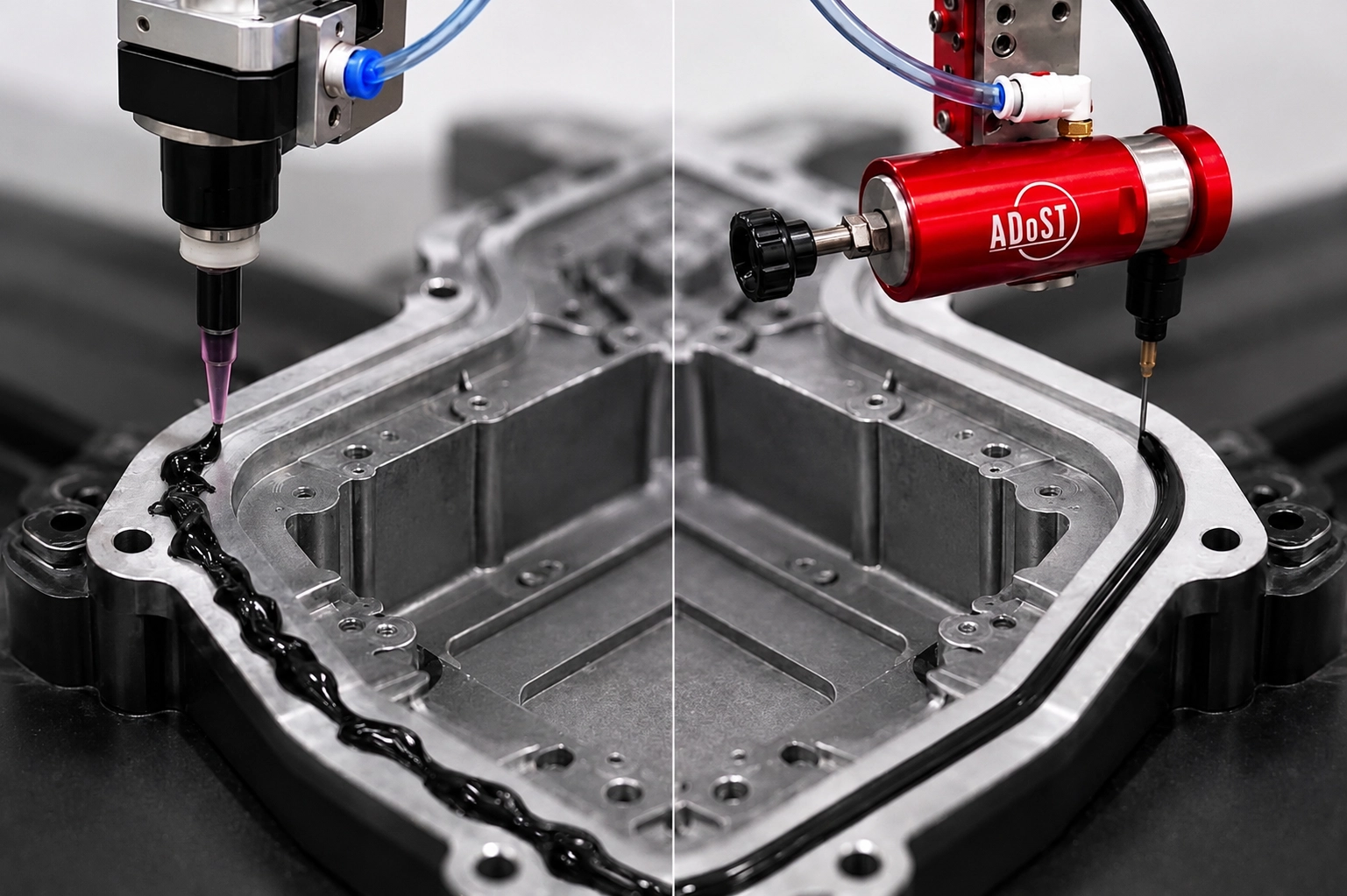ADoST glue dispensing machine vs. standard glue dispensing machine applying adhesive on a metal housing.
